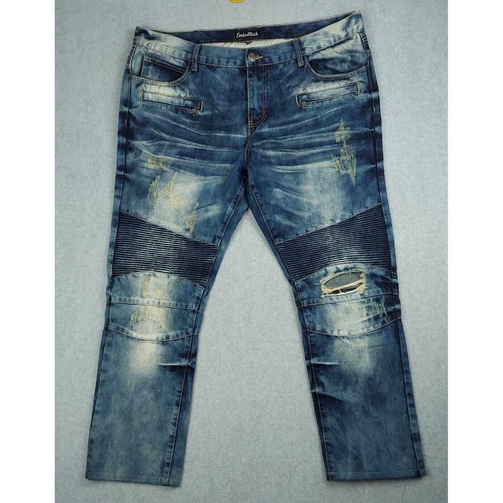Embellish NYC Mens Size 40 (act 41X28.5) HILLS Biker Denim Jeans BLUE DISTRESSED